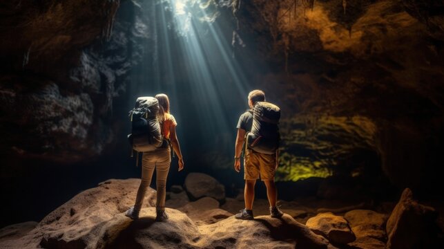 Young couple exploring a cave with flashlights generative ai