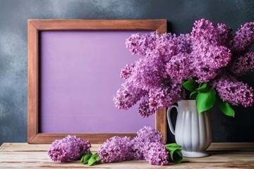 Lilac flower bouquet in a vase with an empty frame on a wooden table. Generative AI