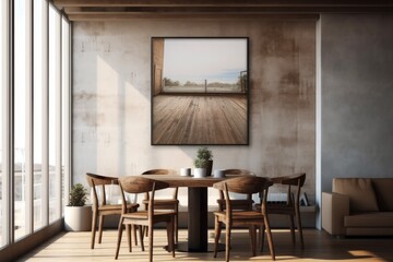 mockup picture frame for a photograph or poster marketing on the wooden panel of a restaurant decorated with wooden chairs placed close to the window glass, Generative AI