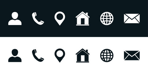 black and white profile call location home world mail gradient icon vector