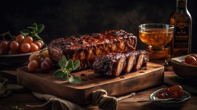 Beautiful Brown red barbecue ribs photos with perfect angel view and blurred background