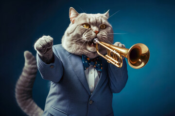 Portrait of a fat cat Jazz musician, playing trumpet,  Generative AI
