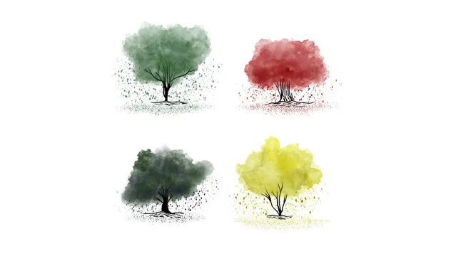 Beautiful trees shed their leaves in the spring and regenerate in the rainy season, magic tree painting, Cartoon Natural Icon Set, living watercolor tree animation