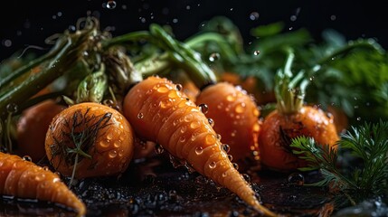 Fototapeta na wymiar Carrots hit by splashes of water with black blur background