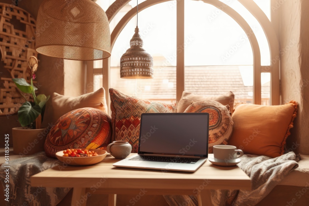 Aufkleber blank laptop screen on a table with bohemian accents. interior design template in a minimalistic boh