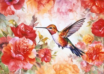 Colorful Hummingbird with Floral Background