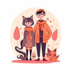 Enjoying animals and pets concept. Young smiling couple woman and man standing and holding cat and small dog on hands feeling love vector illustration
