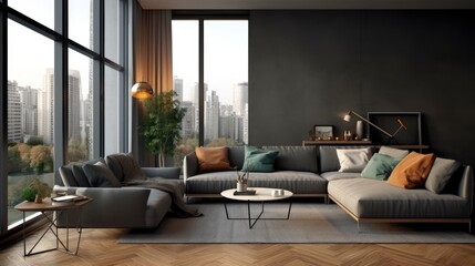 Large windows, a wooden floor, and a gray sofa and armchair can be found in the corner of a black and gray living room. a mockup Generative AI