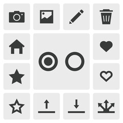 Select and deselect icon vector design. Simple set of smartphone app icons silhouette, solid black icon. Phone application icons concept. Home, select, unselect, share, delete, edit, favorite buttons
