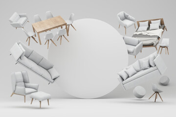 interior design concept Sale of home decorations and furniture During promotions and discounts, it is surrounded by beds, sofas, armchairs and advertising spaces banner. white background. 3d render