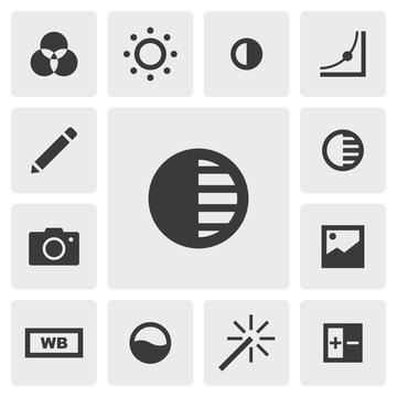 Shadow icon vector design. Simple set of photo editor app icons silhouette, solid black icon. Phone application icons concept. Highlight, color, brightness, contrast, saturation, filter buttons