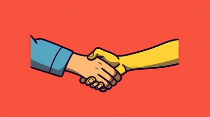 Flat color illustration of two hands shaking, symbolizing successful negotiation, commitment, and trust. This image reflects the importance of cooperation. Generative AI