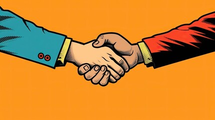 Flat color illustration of two hands shaking, symbolizing successful negotiation, commitment, and trust. This image reflects the importance of cooperation. Generative AI