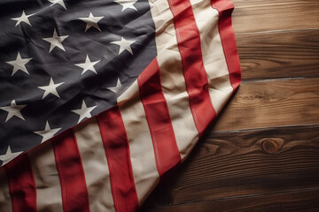 Elevated elegance: The elevated view unveils the beauty of the USA American flag on a wooden surface, creating a backdrop with ample copy space. Generative AI