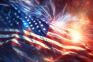 Explosive national pride: The United States flag stands proudly while vibrant fireworks fill the air, symbolizing the fervor of patriotism. Generative AI