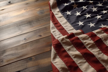 Fototapeta na wymiar Iconic symbol: The elevated perspective showcases the USA American flag on a wooden surface, providing abundant copy space for your message. Generative AI