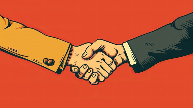 Flat color illustration of two hands shaking, symbolizing successful negotiation, commitment, and trust. This image reflects the importance of cooperation. Generative AI