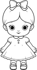 Doll vector illustration. Black and white outline Doll coloring book or page for children
