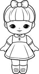 Doll vector illustration. Black and white outline Doll coloring book or page for children