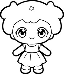 Doll vector illustration. Black and white outline Doll coloring book or page for children