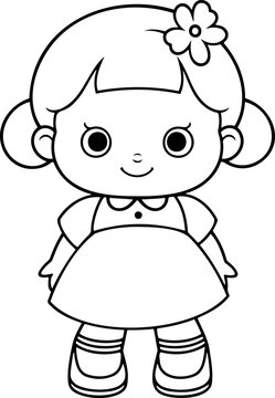 Doll vector illustration. Black and white outline Doll coloring book or page for children