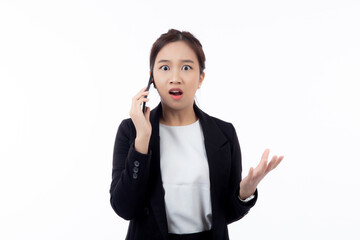 Portrait young asian businesswoman talking and shout with annoyed calling on smart phone isolated on white background, business woman shout and stress with anger, communication and emotion concept.