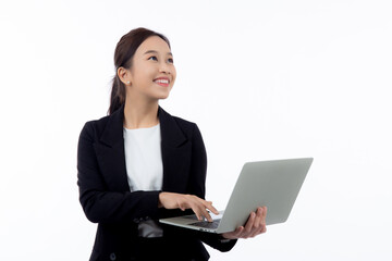 Portrait young asian business woman standing work on laptop computer to internet online isolated on white background, businesswoman in suit confident and using notebook, marketing and communication.
