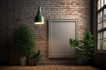 frame for a poster. Inside of a room with a lamp and a plant. Background includes a window and a brick wall. Generative AI