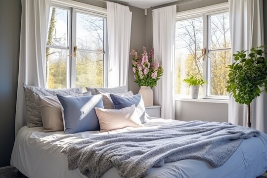 A window facing a patio with plants, a double bed with pillows and cushions, white towels, and an upholstered headboard in gray fabric Generative AI