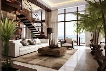 Fototapeta premium A luxurious apartment's modern living room design features a gray sofa, a rattan armchair, a wooden cube, a plaid rug, a tropical plant, and fine accents. Elegant interior design. Generative AI