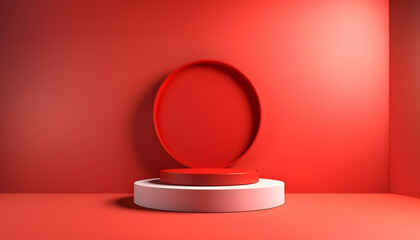 Abstract minimal concept. Luxury red round podium on background. Mock up template for product presentation. 3D rendering. copy text space	