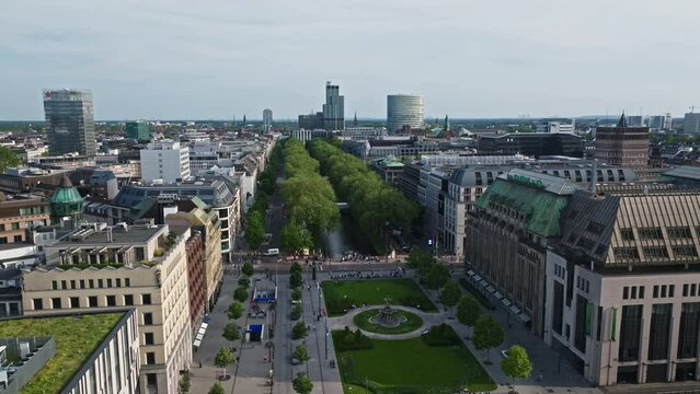 Drone shot of The K&ouml;nigsallee (King's Avenue), it is an urban boulevard in D&uuml;sseldorf, state capital of North Rhine-Westphalia, Germany.  