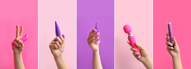 Collage of female hands with sex shop toys on color background