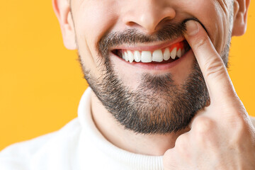 Man with gum inflammation on yellow background, closeup