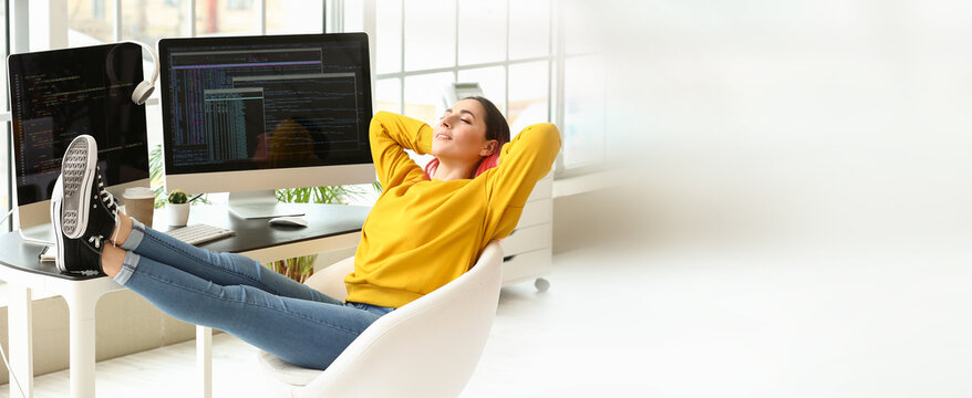 Female programmer relaxing in office. Banner for design