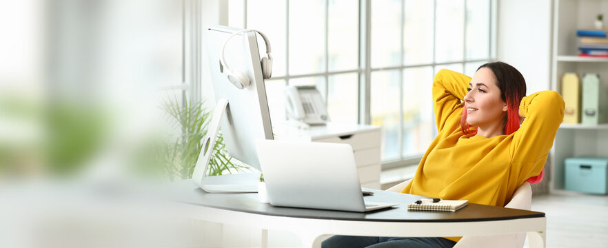Female programmer relaxing in office. Banner for design