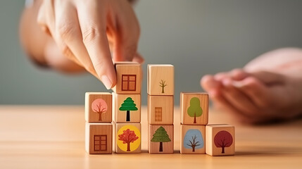 hand woods block cube with icon company strategy development. Generative Ai