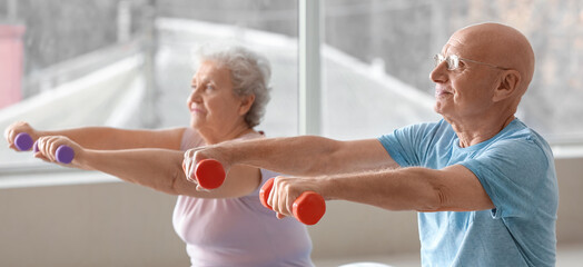 Fototapeta na wymiar Elderly man and woman exercising in gym