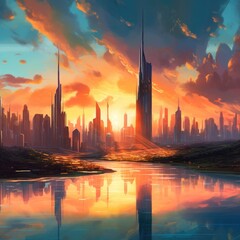 Futuristic city surrounded by lakes at sunset, AI generated.