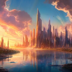 Fototapeta premium Futuristic cityscape surrounded by lakes at sunset, Fantasy, futuristic, AI generated.