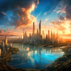 Landscape of a dense futuristic city filled with skyscrapers at sunset, Surrounded by lakes, AI generated.