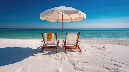 Vacations and Summer holiday travel concept, Beach chairs and an umbrella on a white sand beach, AI generated.