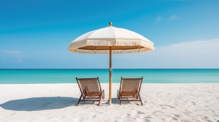 Beach chairs and an umbrella on sand beach, AI generated.