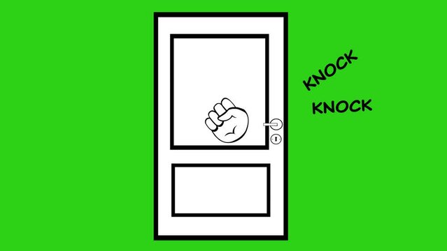 video drawing icon animation of a hand knocking on the door, drawn in black and white. On a green chroma key background