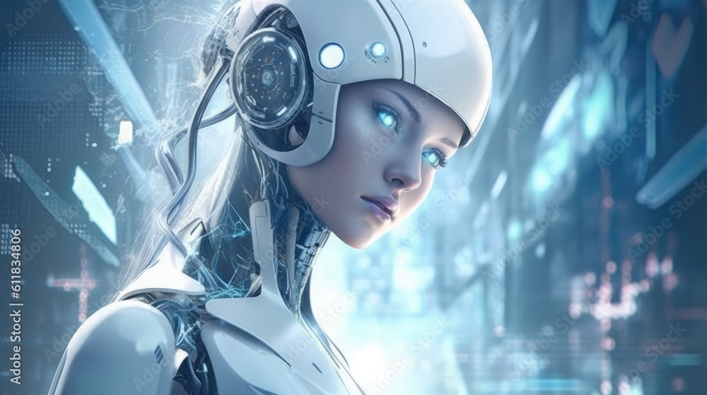 Fototapete robot's portrait in profile, humanoid robot face, ai generated.
