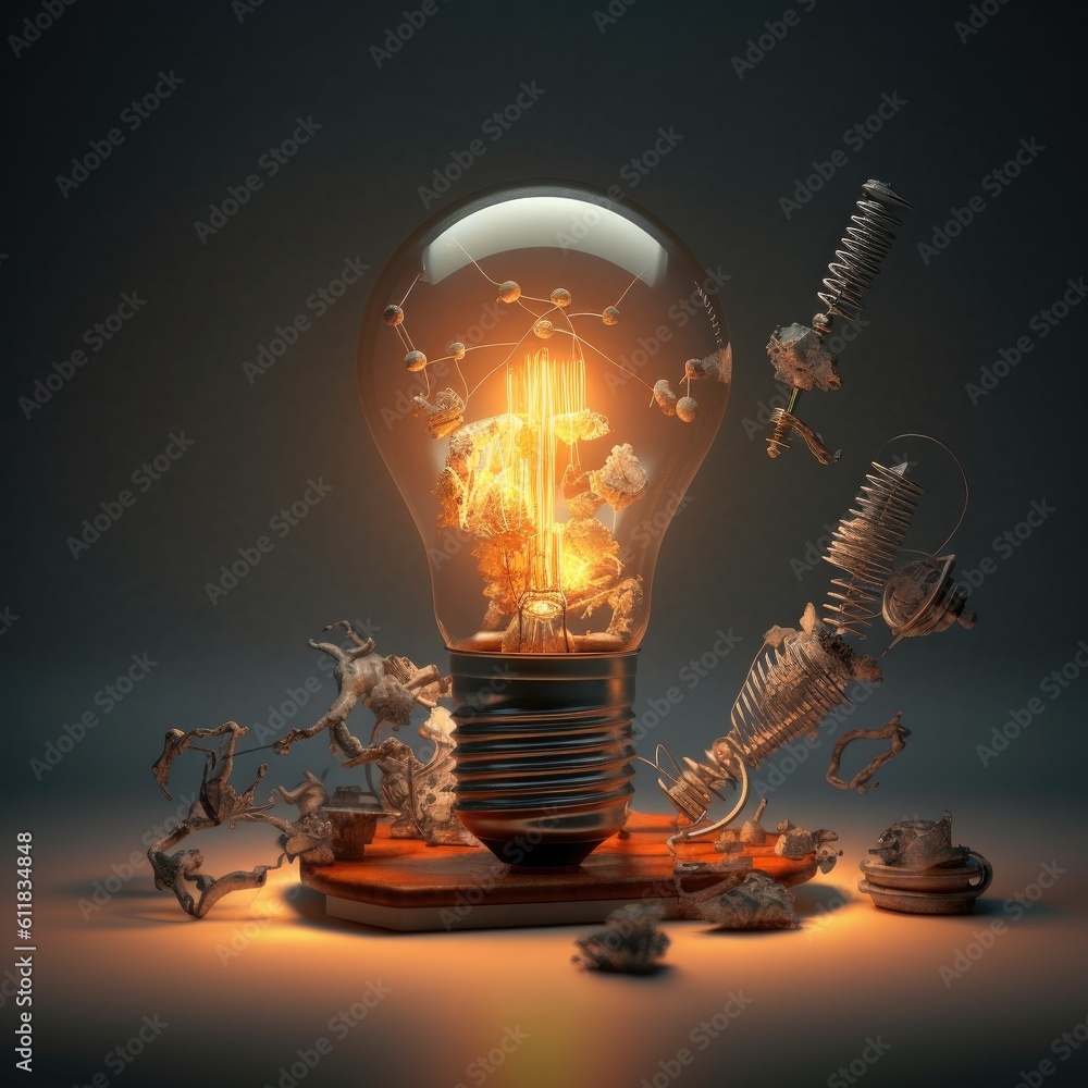 Poster creative light bulb explodes with colorful paint, think differently creative idea concept, ai genera