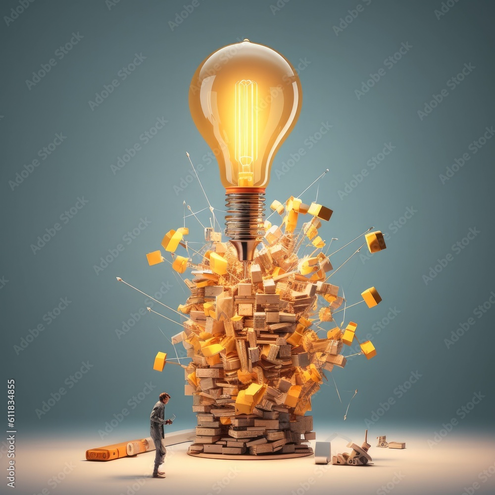Poster creative light bulb explodes with colorful paint, think differently creative idea concept, ai genera