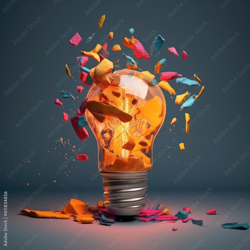 Poster idea concept with innovation and inspiration, creative light bulb explodes with colorful paint, ai g