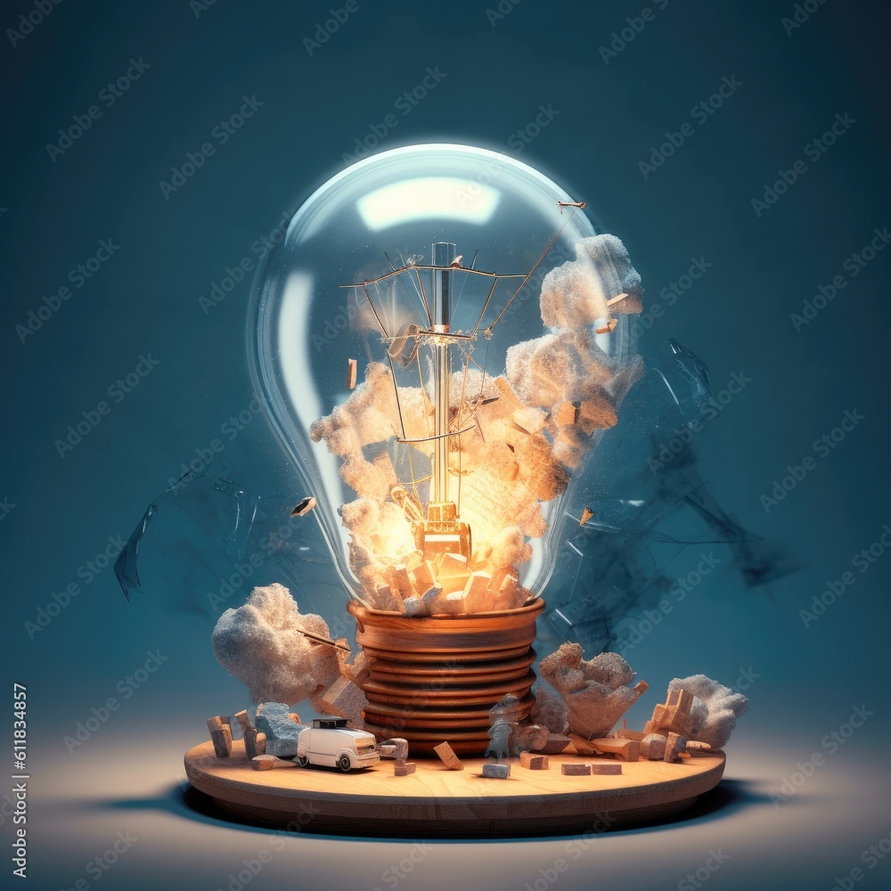 Poster creative light bulb explodes with colorful paint, think differently creative idea concept, ai genera