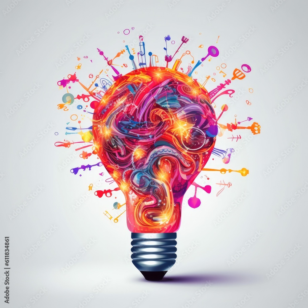 Poster creative light bulb explodes with colorful paint, think differently creative idea concept, ai genera